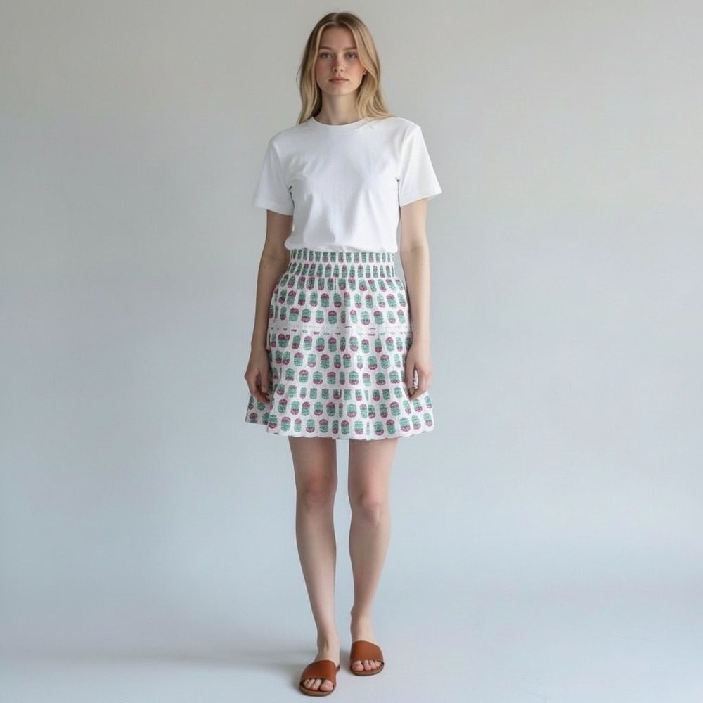 J.Crew Womens Pink Floral Block Print Tiered Cotton Smocked Mini Skirt Medium